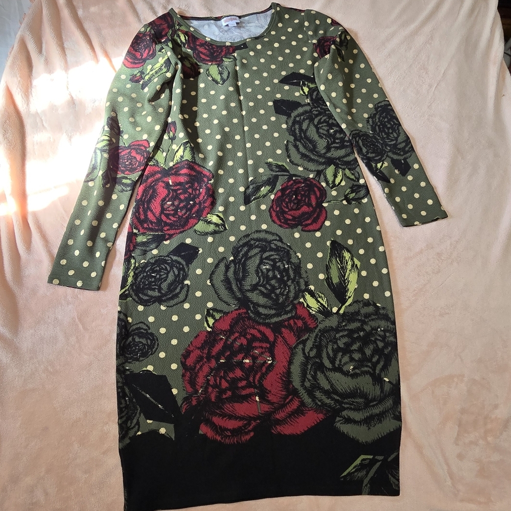 LuLaRoe Debbie Dress Roses and Gold Polka Dot Size Large Long Sleeve